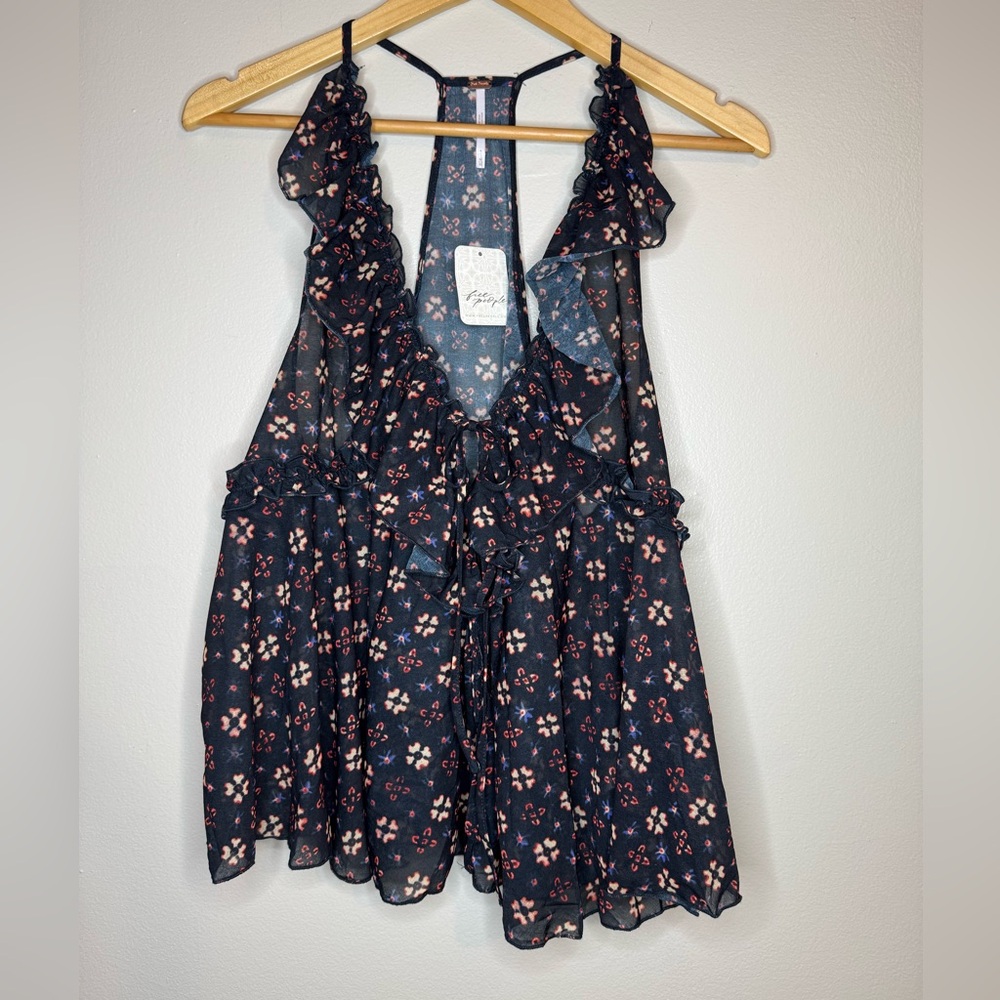 Free People NWT Floral Ruffle Tank Top Night Sky Combo Women's Medium Boho